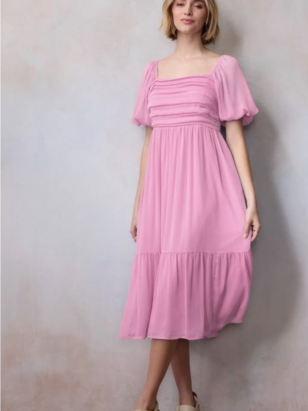 LC Lauren Conrad Light Pink Square-Neck Puff Sleeve Midi Dress size large